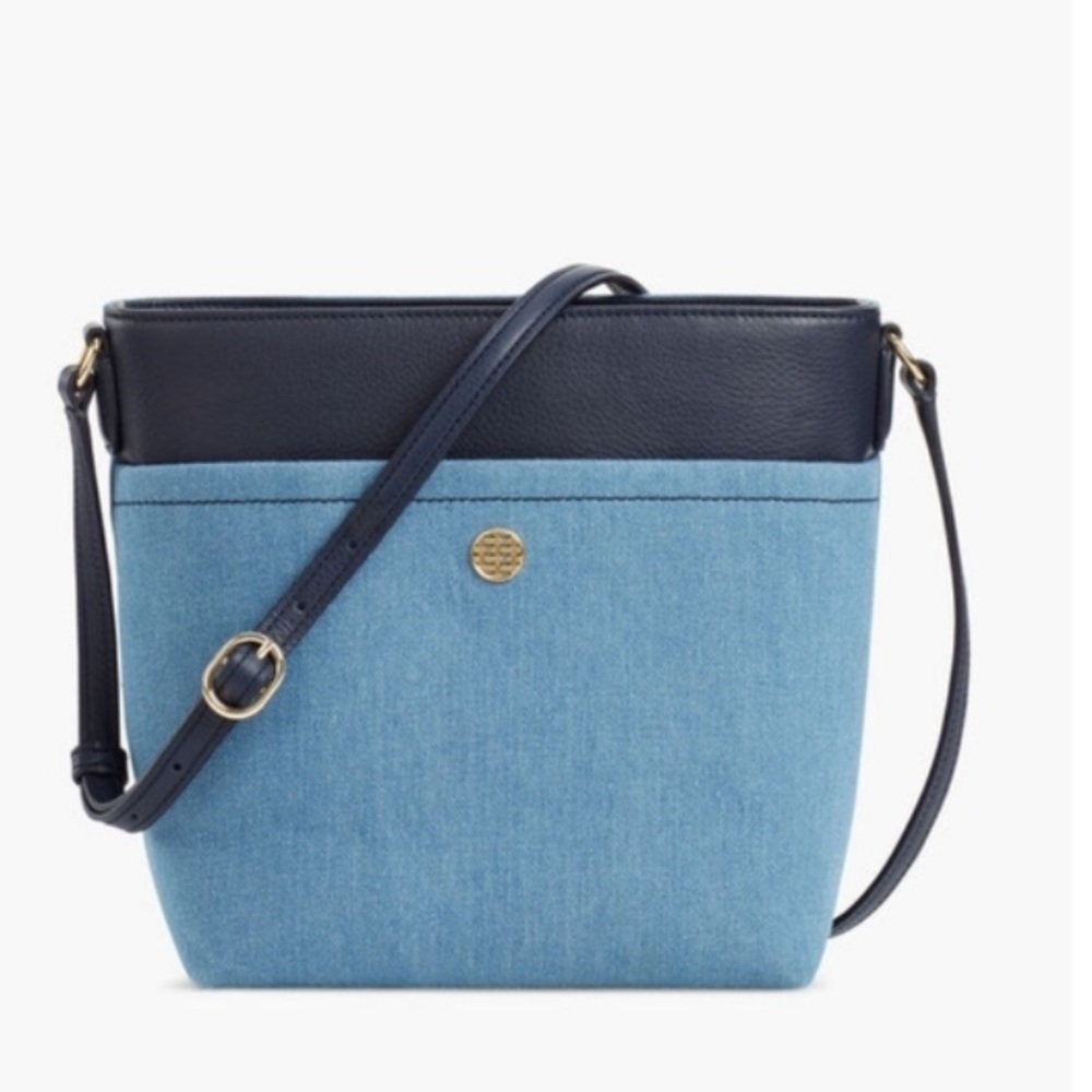 (1340) Talbots Leather & Denim Crossbody Bag 10” x9” x4.5” - Picture 1 of 8